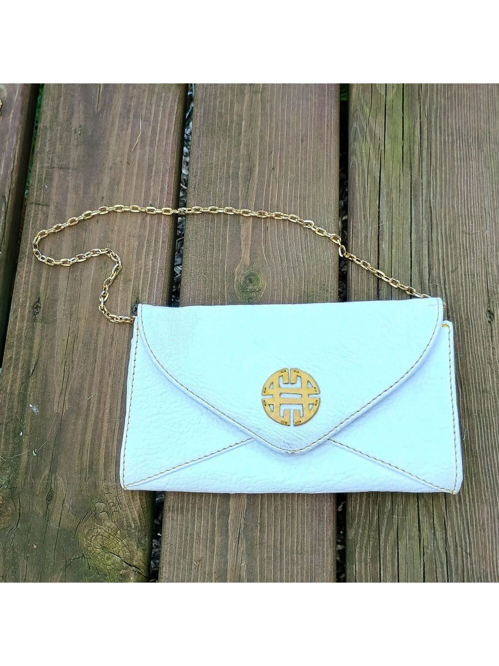 Antonio Melani White Leather Clutch Crossbody Bag Purse W/ Optional Gold Chain